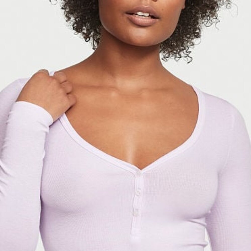 VICTORIA'S SECRET L Ribbed Modal Henley Short Pajama Set Purple So Comfy NWT - Picture 8 of 12